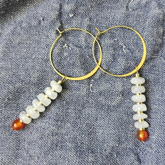 Handmade Jewelry - Rainbow Moonstone+ Carnelian Hoop Drop Earrings